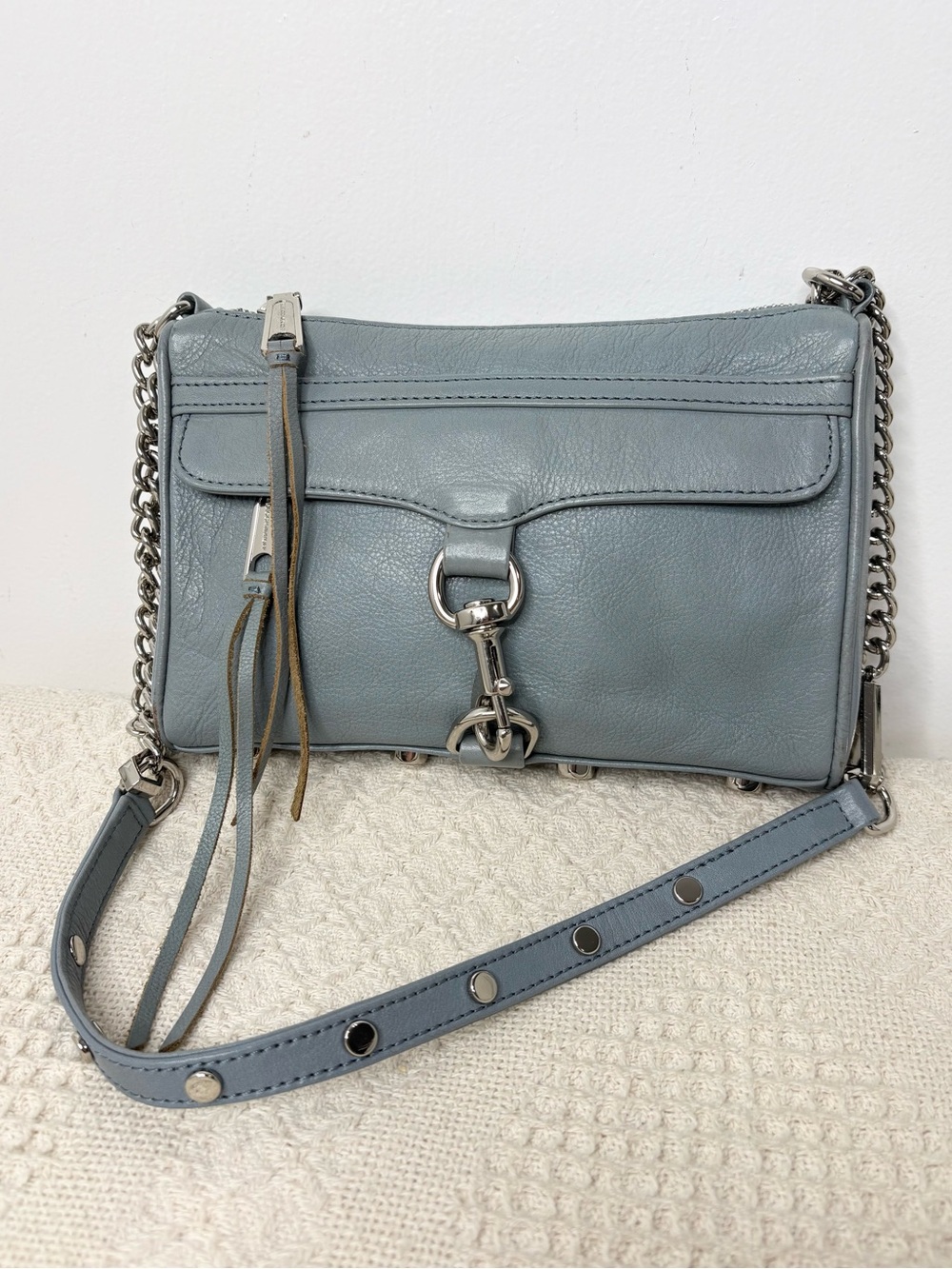 Rebecca Minkoff Mini Mac Crossbody Bag Tranquil Blue Leather Silver